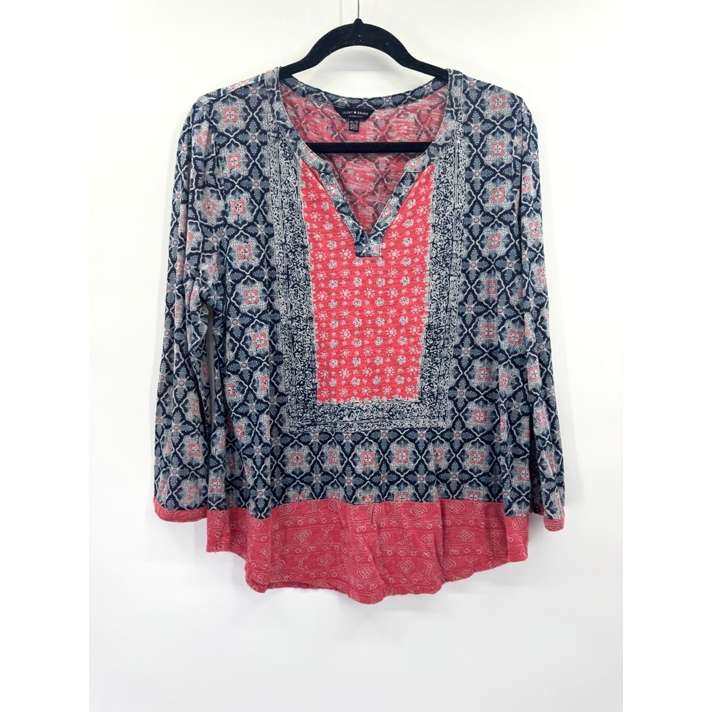Lucky Brand Block Floral Boho Peasant Navy Pink Top XL V-Neck Cotton Western